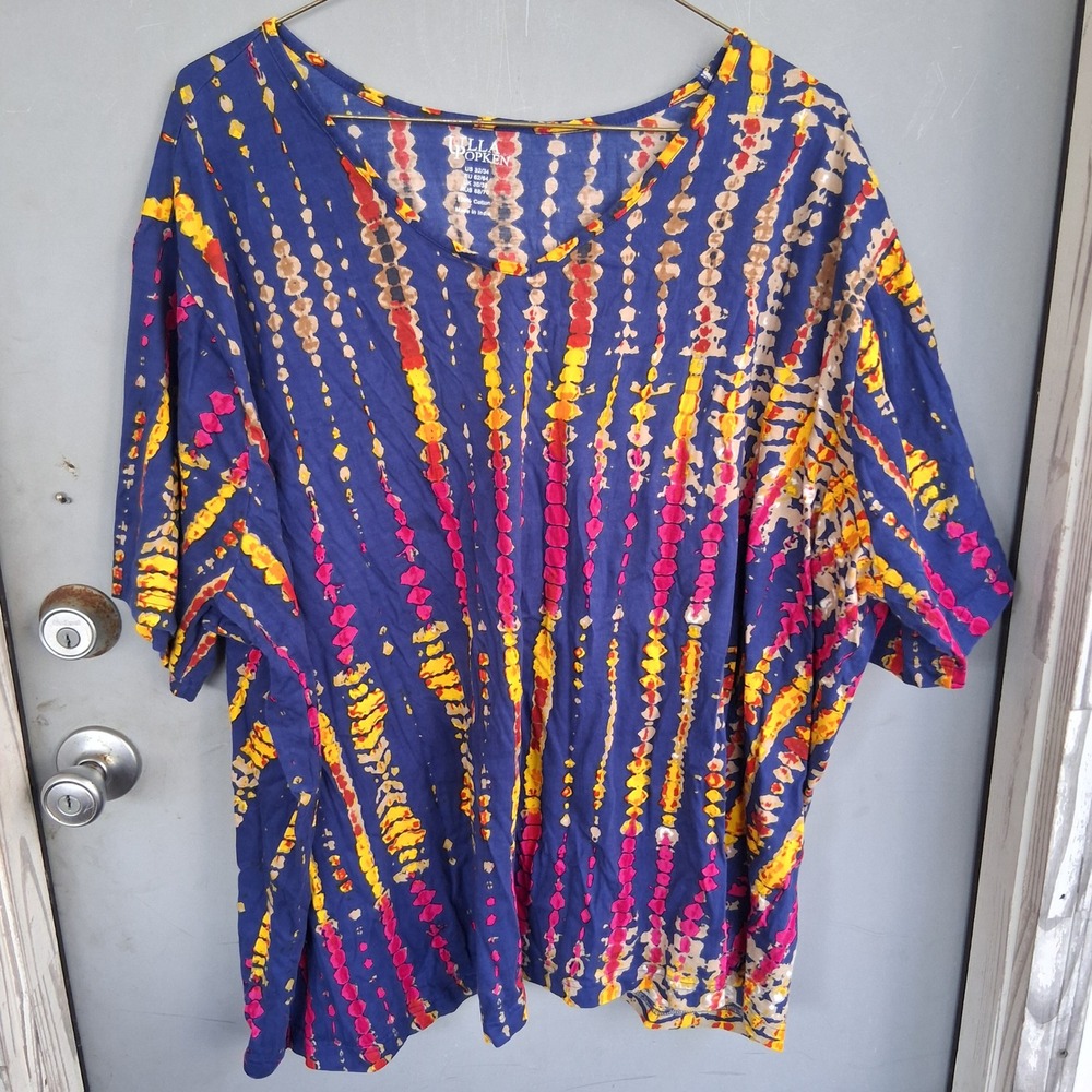 Ulla Popken Womens Plus 32/34 Blue Tie Dye Stripe Cotton V-Neck T-Shirt Top